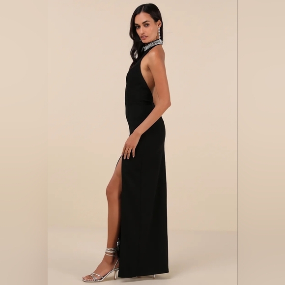 Lulus Immaculate Class Black Rhinestone Halter Maxi Dress XL Wedding Formal - Picture 3 of 11
